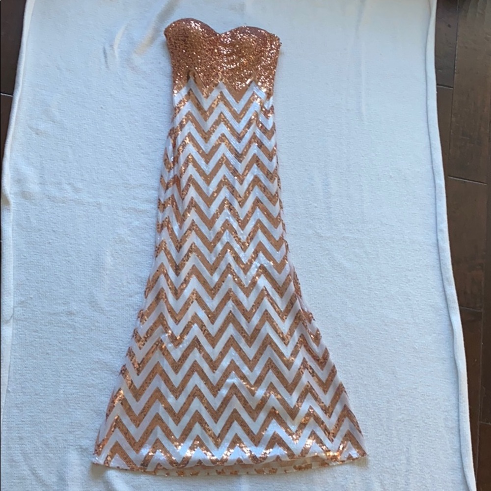 La Femme Rose Gold Sequin Strapless Prom Dress